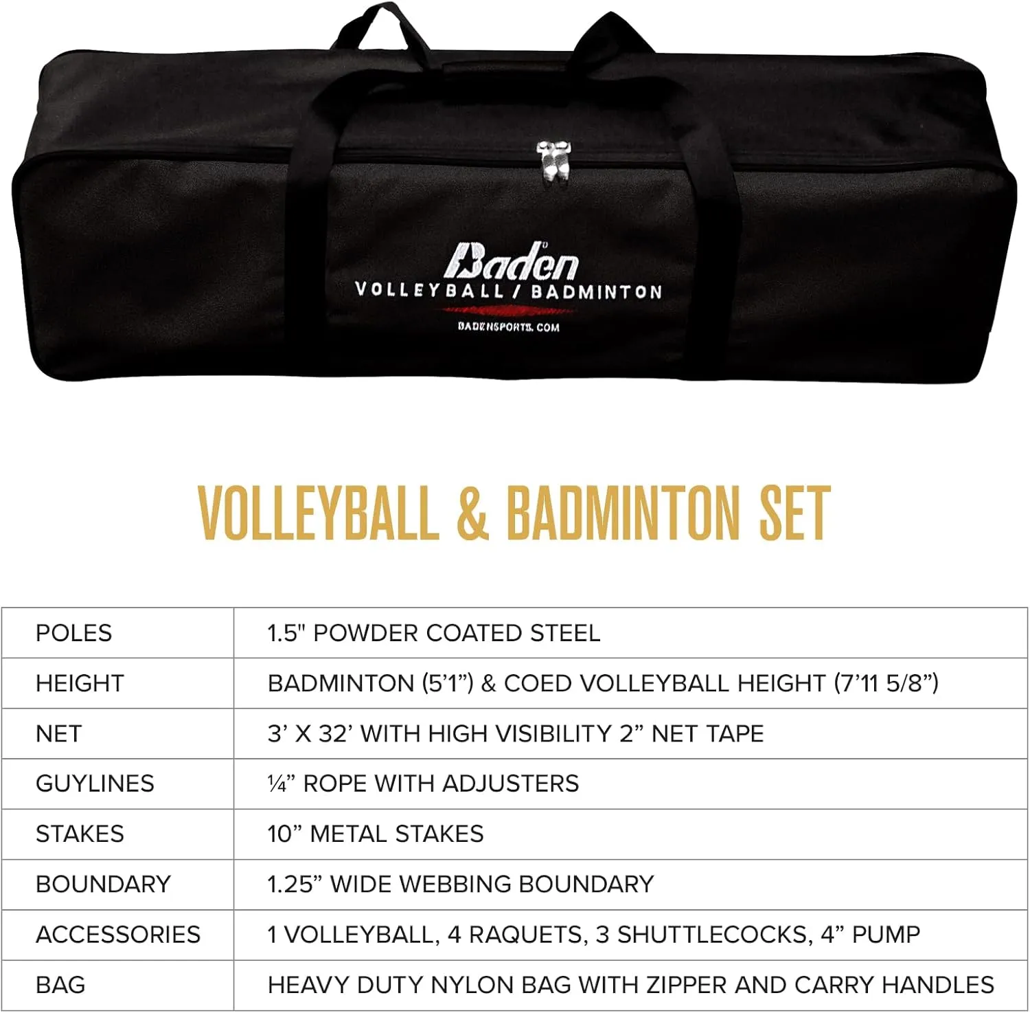 Baden Champions Volleyball/Badminton Portable Combo Set, 4 Raquets   3 Birdies   Boundary   Volleyball   Pump   Carry Bag
