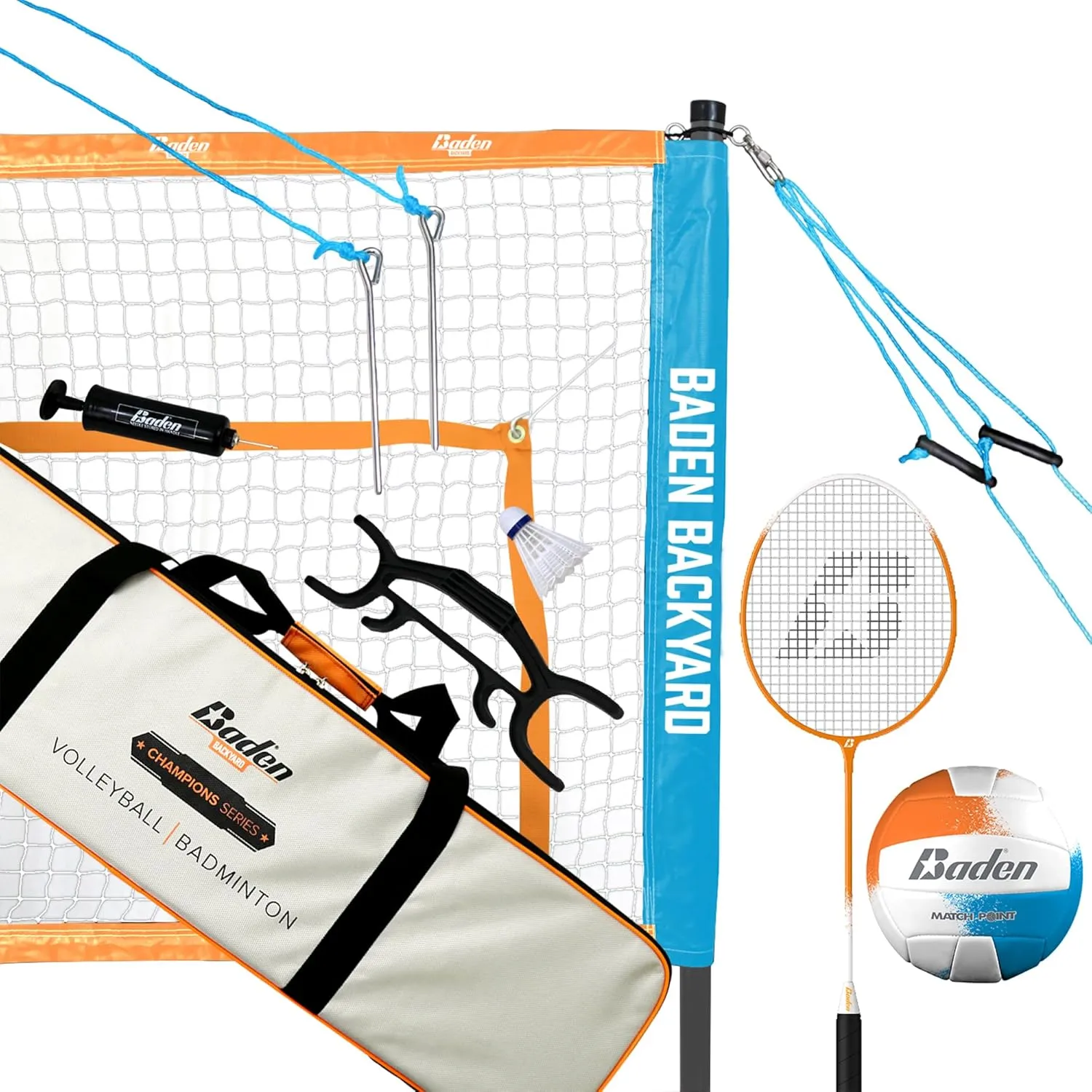 Baden Champions Volleyball/Badminton Portable Combo Set, 4 Raquets   3 Birdies   Boundary   Volleyball   Pump   Carry Bag