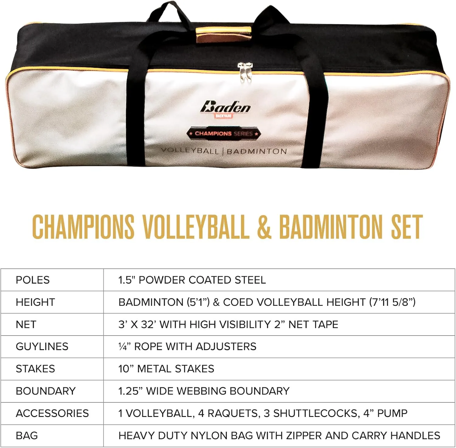 Baden Champions Volleyball/Badminton Portable Combo Set, 4 Raquets   3 Birdies   Boundary   Volleyball   Pump   Carry Bag