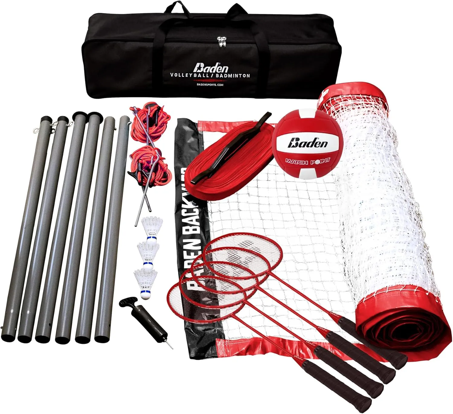 Baden Champions Volleyball/Badminton Portable Combo Set, 4 Raquets   3 Birdies   Boundary   Volleyball   Pump   Carry Bag
