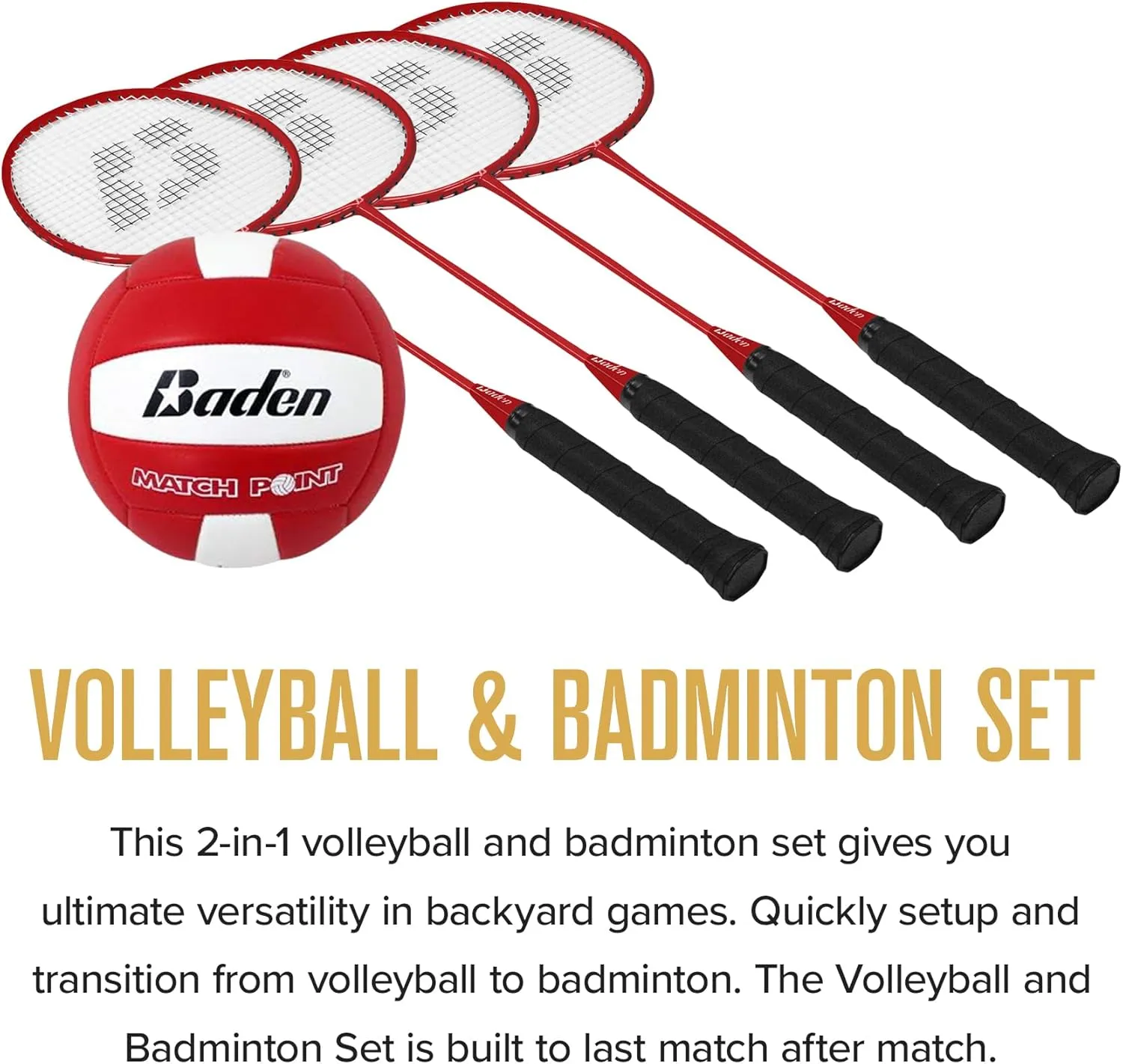 Baden Champions Volleyball/Badminton Portable Combo Set, 4 Raquets   3 Birdies   Boundary   Volleyball   Pump   Carry Bag