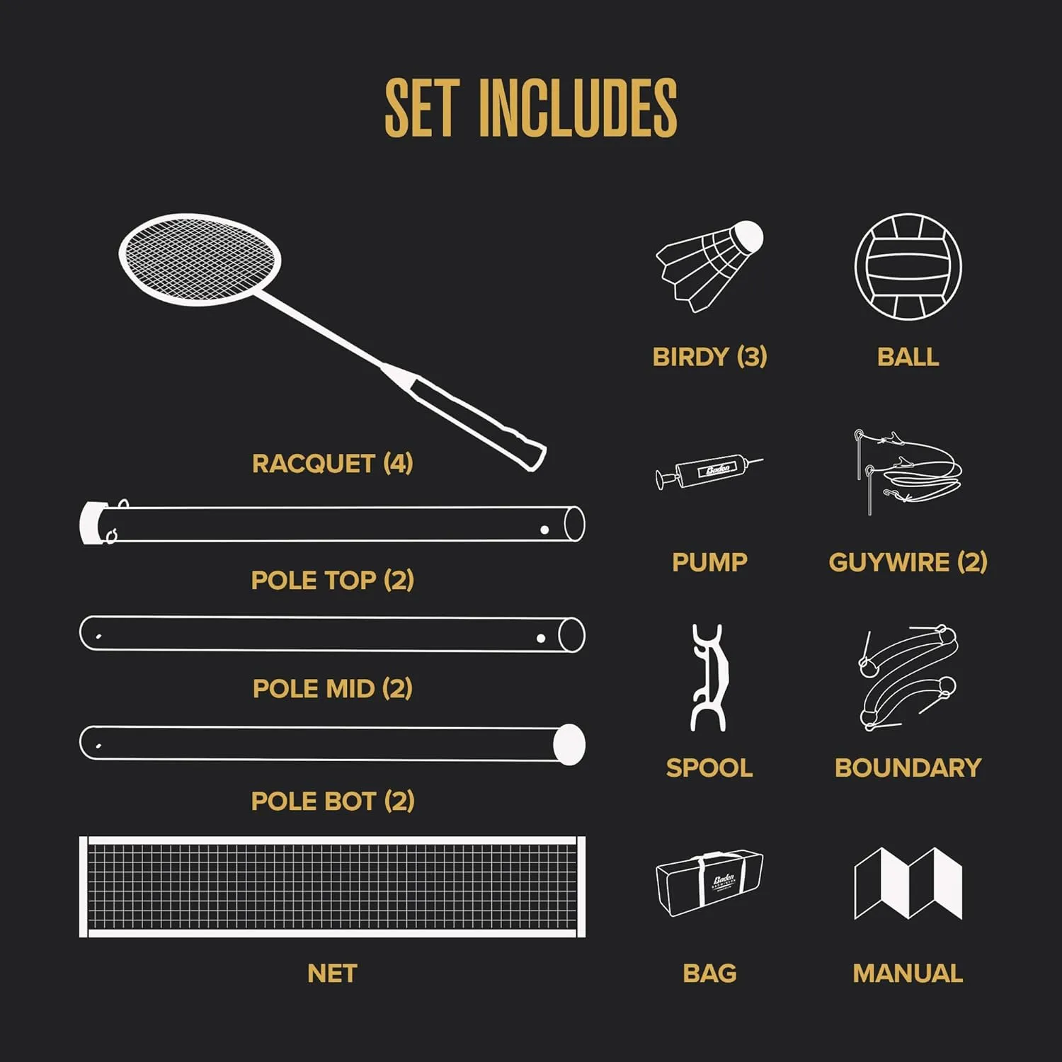 Baden Champions Volleyball/Badminton Portable Combo Set, 4 Raquets   3 Birdies   Boundary   Volleyball   Pump   Carry Bag