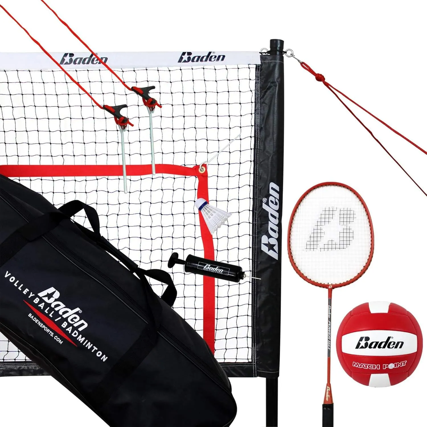 Baden Champions Volleyball/Badminton Portable Combo Set, 4 Raquets   3 Birdies   Boundary   Volleyball   Pump   Carry Bag