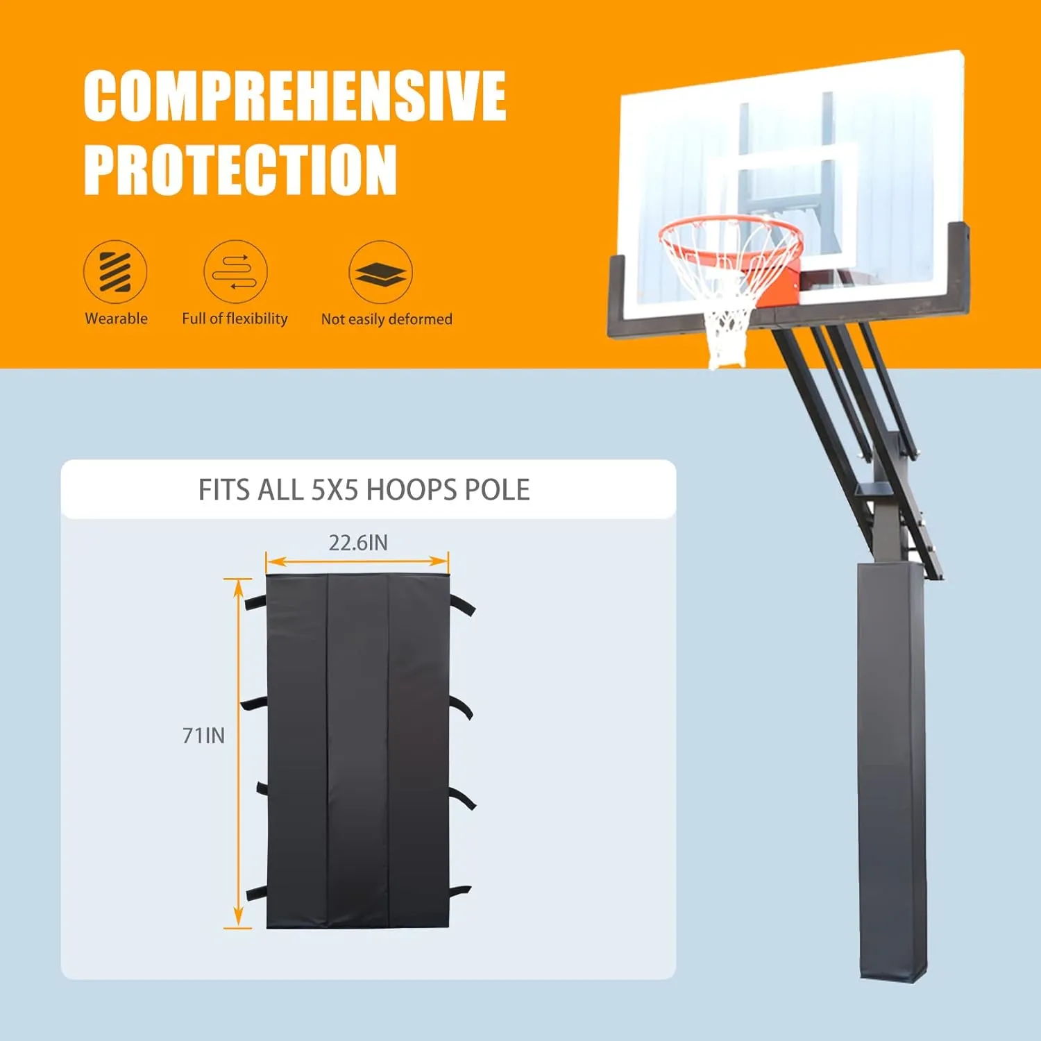 Basketball Pole Pad 72" Tall and 2"&4" Thick Fits 4"x4",5"x5",6"x6" Pole All-Weather Durable UV-Resistant Waterproof Square Basketball Pole Padding for Player Protection and Safety