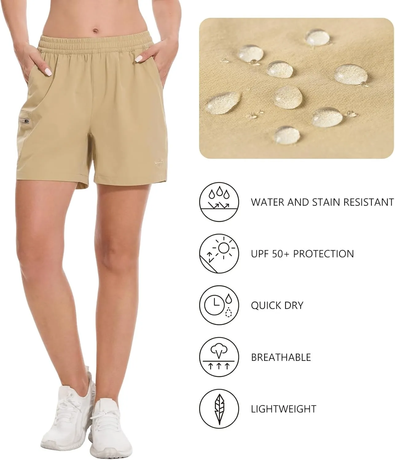 BASSDASH Women’s 5” Fishing Hiking Quick Dry Cargo Shorts with Zipper Pockets UPF 50  Water Resistant Summer Casual Shorts
