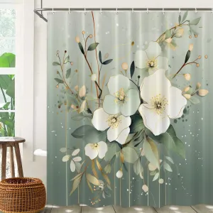 Batmerry Floral Elements Decor Shower Curtain, Elements Delicate Flower Green White Watercolor Bathroom Decor Polyester Fiber Plastic Rings Quick-Drying Waterproof for Bathtubs/Bathroom, 72x72 inches