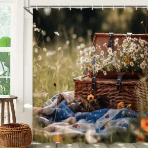 Batmerry Picnic Outdoor Setting Decor Shower Curtain, Grassland Picnic Scene Bathroom Decor Polyester Fiber Plastic Rings Quick-Drying Waterproof for Bathtubs/Bathroom, 72x72 inches