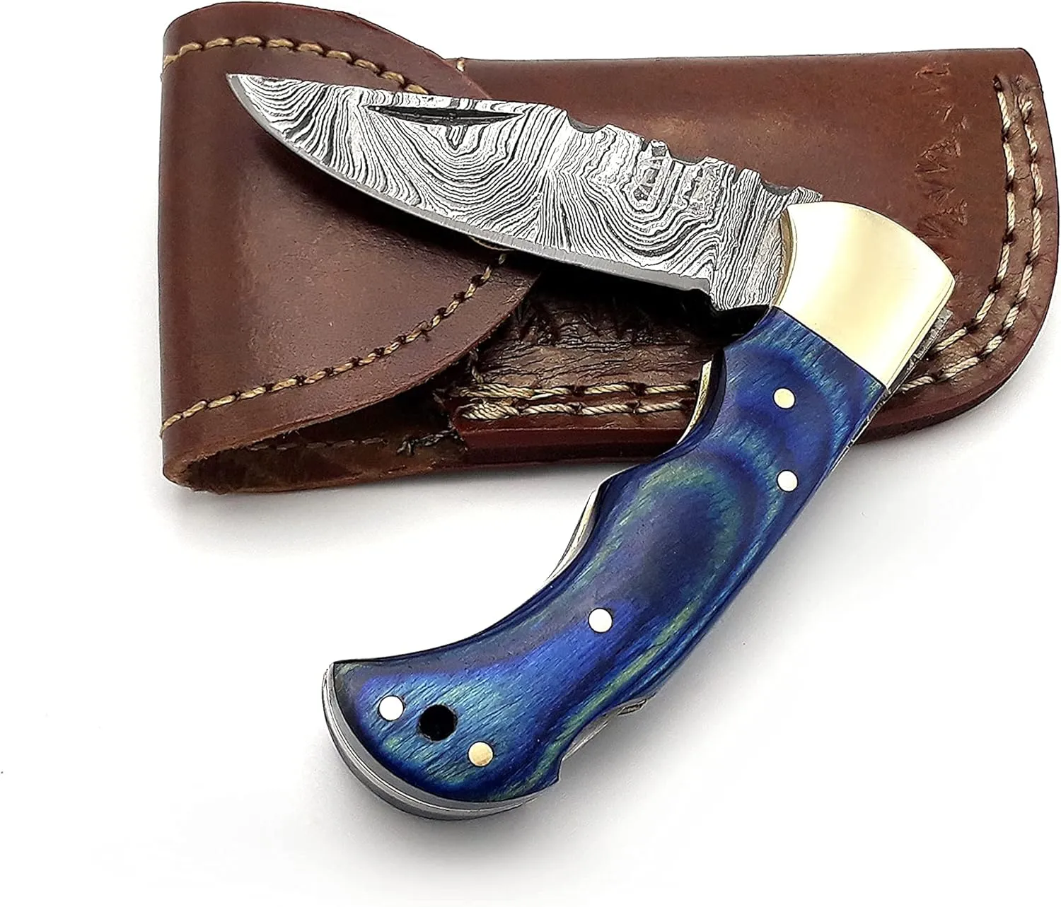 BCK Pocket Knife 4 Pcs Set 6.5" Handmade Damascus Folding Back Lock Hunting Knife With Sheath for Men - 100% Prime Quality Camping (Blue Wood)