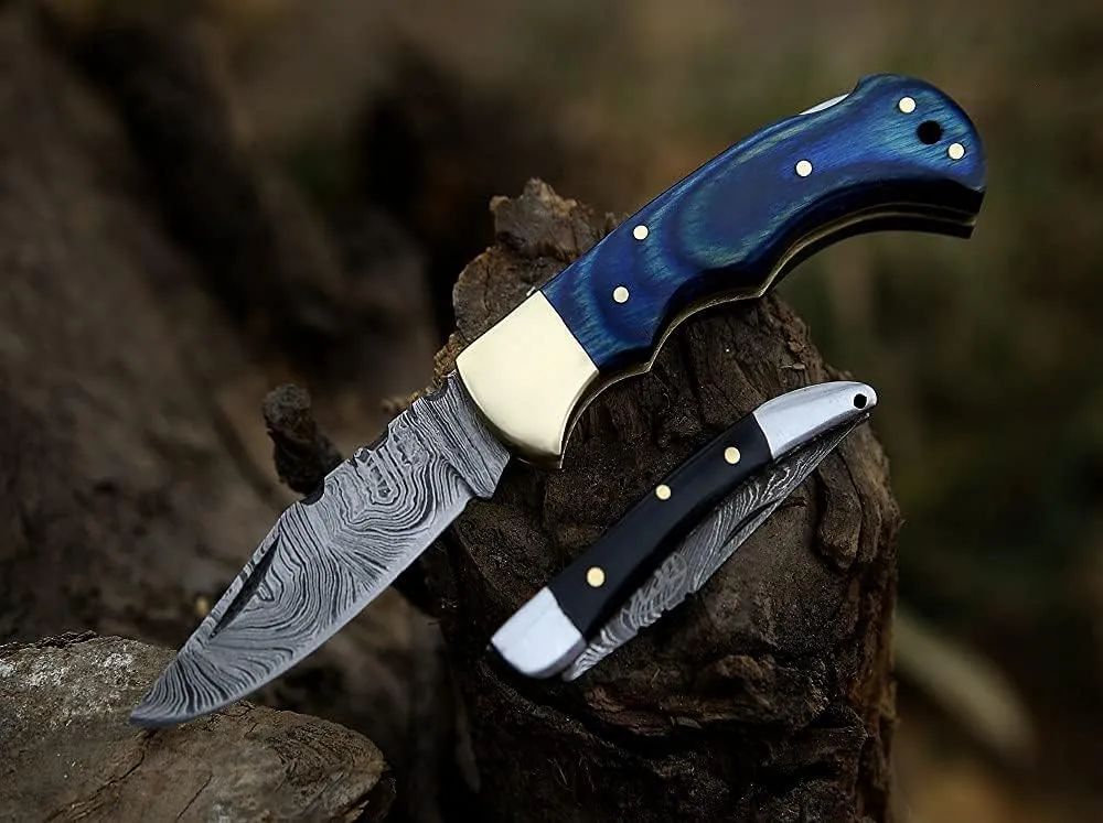 BCK Pocket Knife 4 Pcs Set 6.5" Handmade Damascus Folding Back Lock Hunting Knife With Sheath for Men - 100% Prime Quality Camping (Blue Wood)