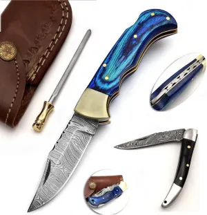BCK Pocket Knife 4 Pcs Set 6.5" Handmade Damascus Folding Back Lock Hunting Knife With Sheath for Men - 100% Prime Quality Camping (Blue Wood)