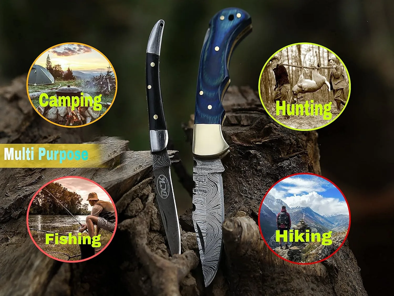 BCK Pocket Knife 4 Pcs Set 6.5" Handmade Damascus Folding Back Lock Hunting Knife With Sheath for Men - 100% Prime Quality Camping (Blue Wood)