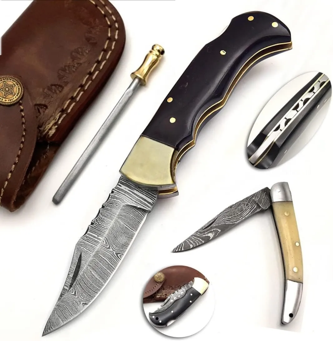 BCK Pocket Knife 4 Pcs Set 6.5" Handmade Damascus Folding Knife Back lock knife Damascus Hunting Knife with Sheath Damascus Pocket Knife for men 100% Prime Quality camping Knife (Baffulo Horn)