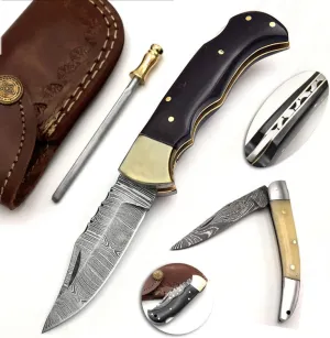 BCK Pocket Knife 4 Pcs Set 6.5" Handmade Damascus Folding Knife Back lock knife Damascus Hunting Knife with Sheath Damascus Pocket Knife for men 100% Prime Quality camping Knife (Baffulo Horn)