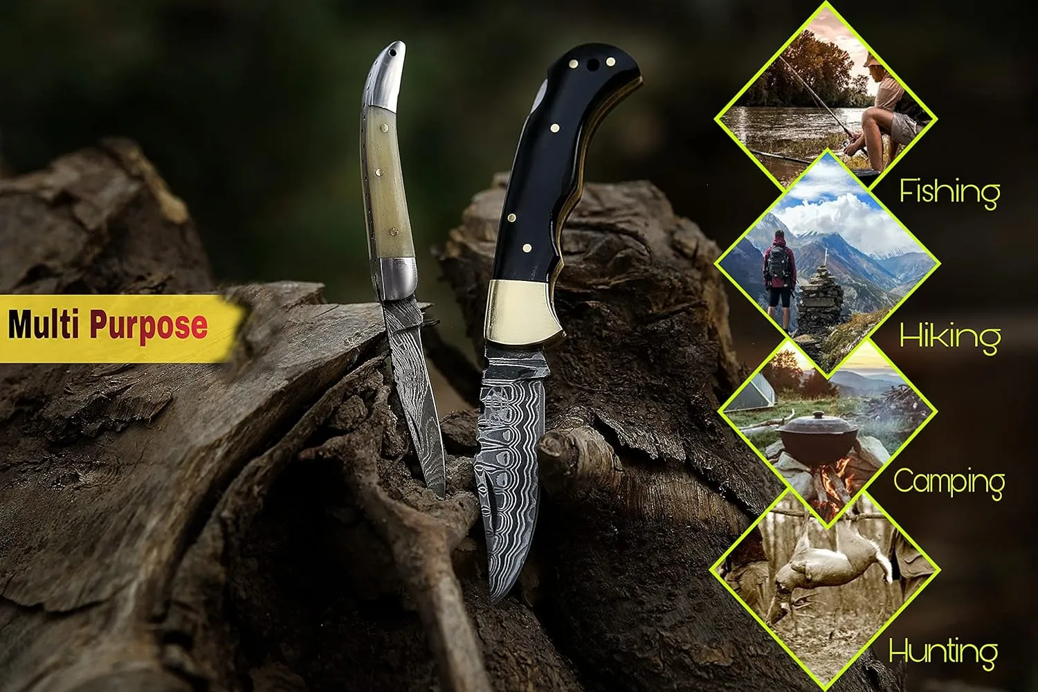 BCK Pocket Knife 4 Pcs Set 6.5" Handmade Damascus Folding Knife Back lock knife Damascus Hunting Knife with Sheath Damascus Pocket Knife for men 100% Prime Quality camping Knife (Baffulo Horn)