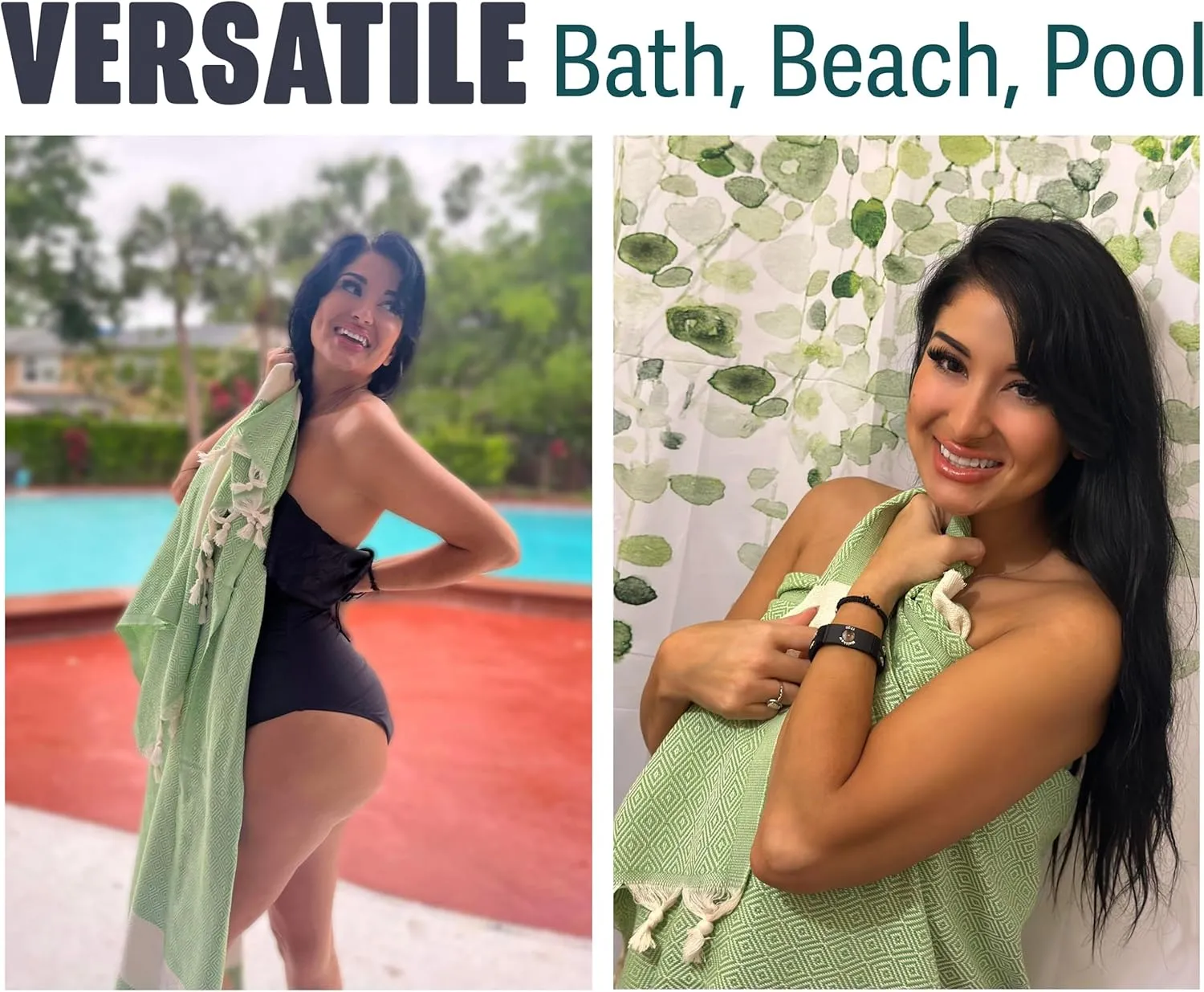 Beach Daze 2 Pack Turkish Beach Towel - Handmade Turkish Cotton Beach Towels Oversized - 39" x 72" for Bath, Beach, Pool, Picnic Mat, Yoga - Green