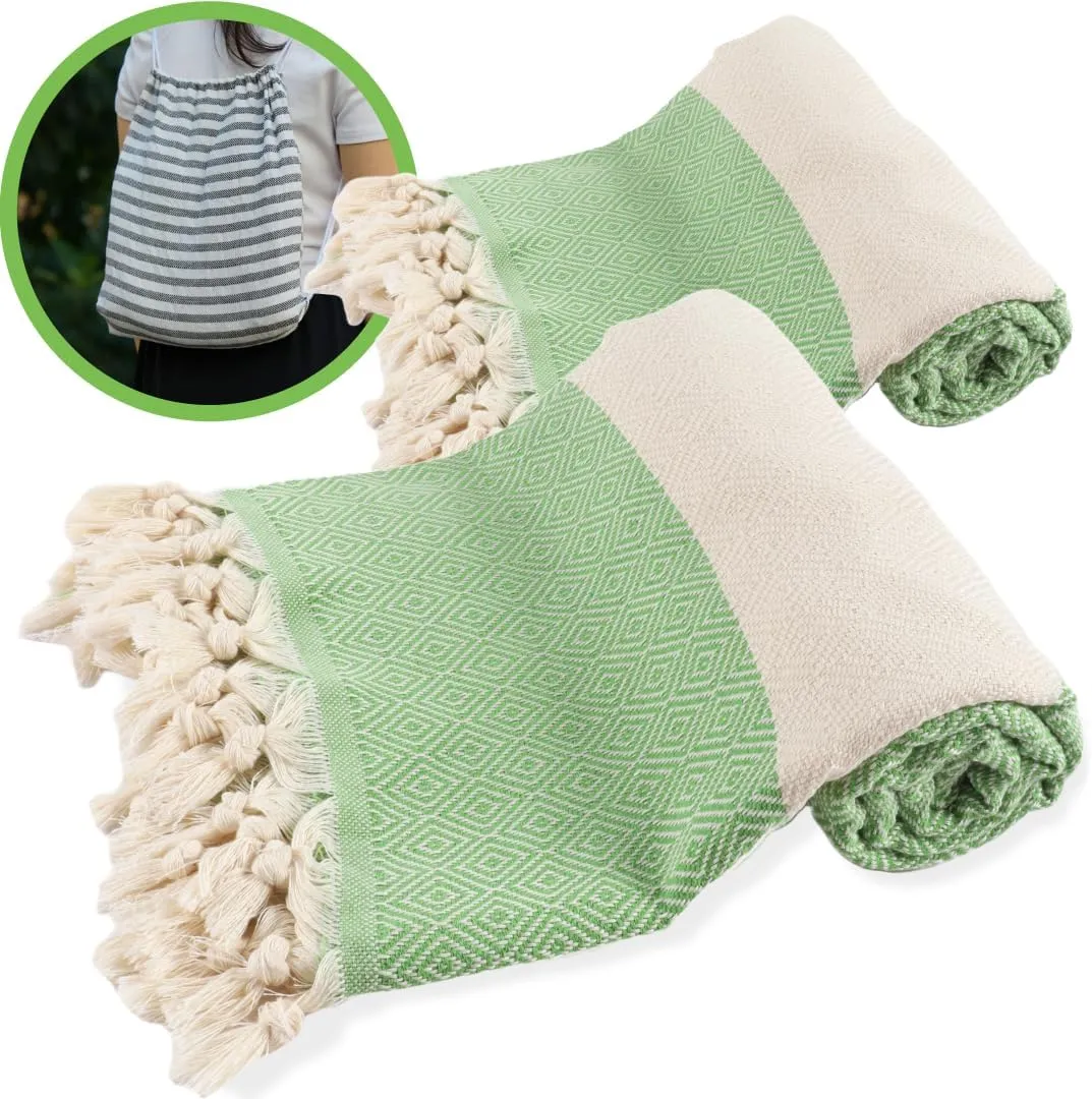 Beach Daze 2 Pack Turkish Beach Towel - Handmade Turkish Cotton Beach Towels Oversized - 39" x 72" for Bath, Beach, Pool, Picnic Mat, Yoga - Green
