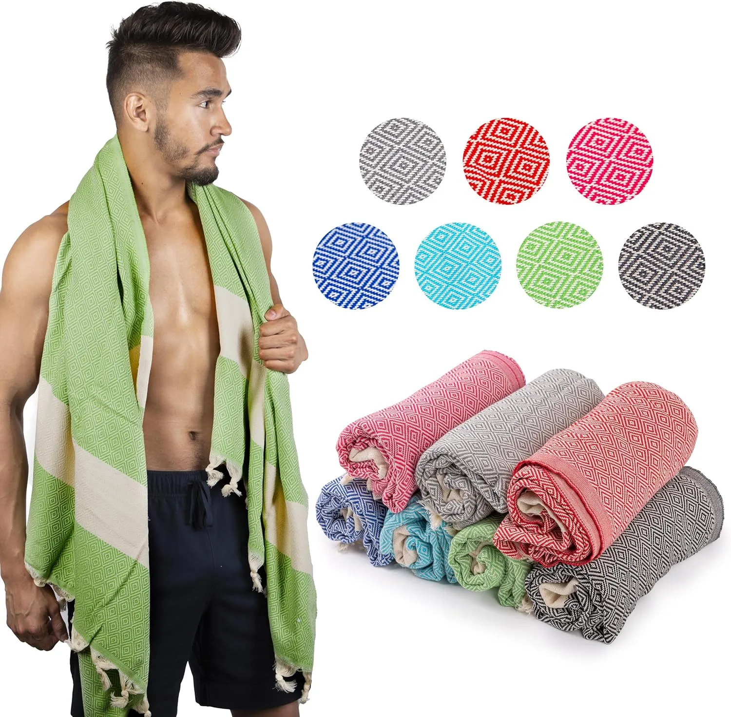 Beach Daze 2 Pack Turkish Beach Towel - Handmade Turkish Cotton Beach Towels Oversized - 39" x 72" for Bath, Beach, Pool, Picnic Mat, Yoga - Green