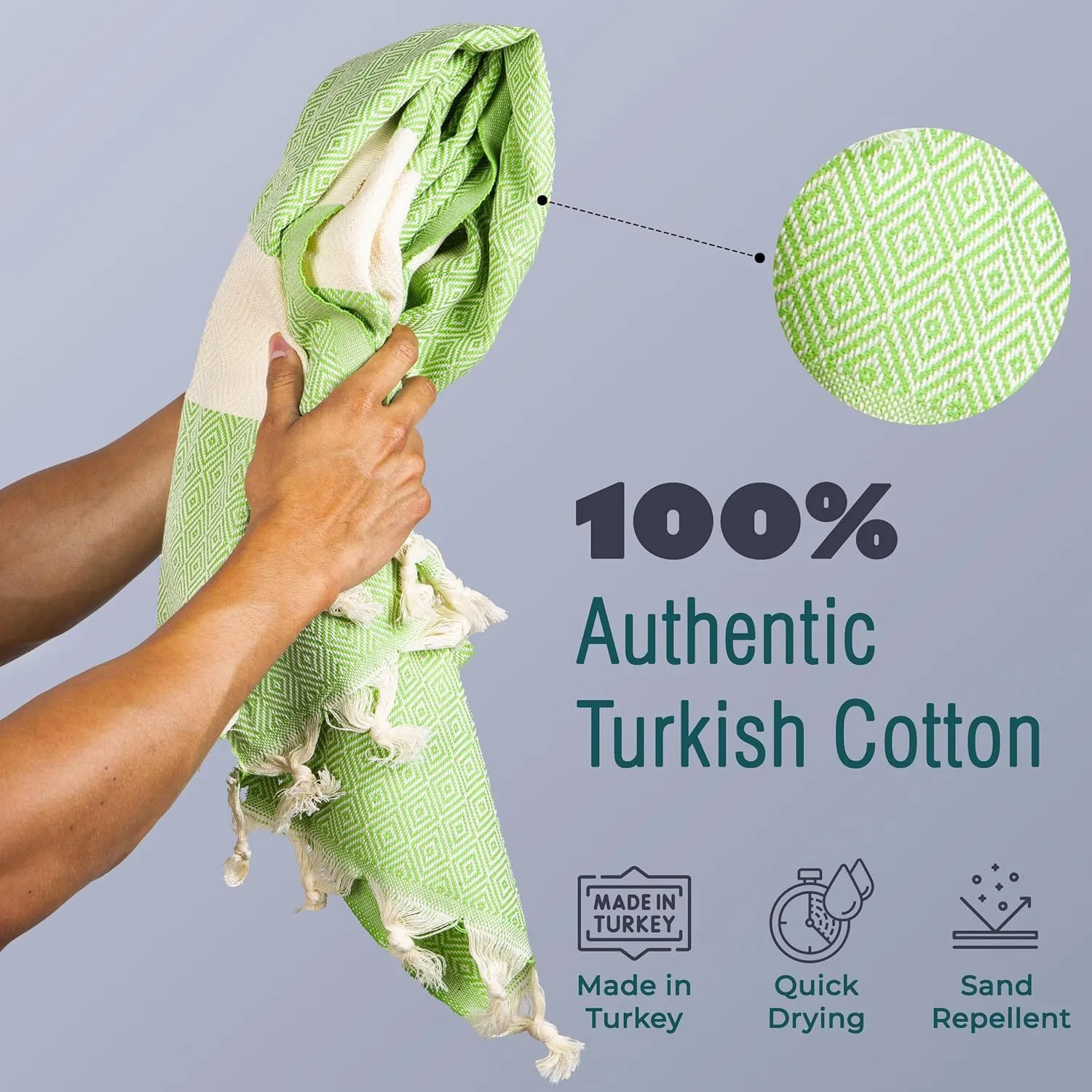 Beach Daze 2 Pack Turkish Beach Towel - Handmade Turkish Cotton Beach Towels Oversized - 39" x 72" for Bath, Beach, Pool, Picnic Mat, Yoga - Green
