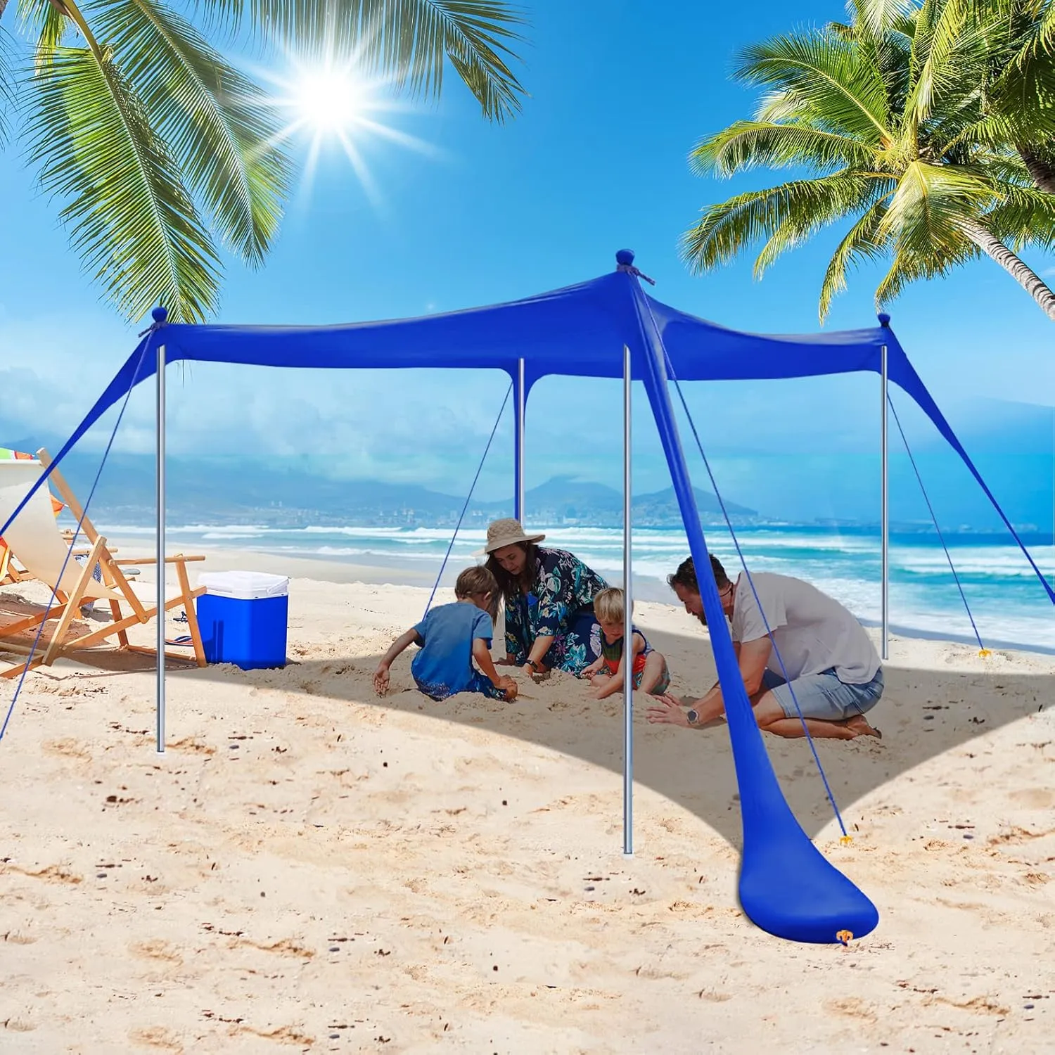 Beach Tent, 10×10 FT Beach Canopy with 4 Poles, UPF50  Pop Up Sun Shelter for 4-8 Person, Portable Outdoor Shade Canopy for Beach, Picnics, and Backyard