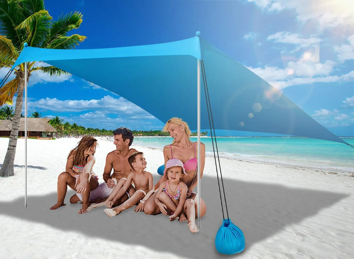 Beach Tent Sun Shelter 7 x 7ft Camping Sun Shade 2-6 Person Beach Canopy with 2 Lengthened Poles, Large Sandbags, Shovel, Pop Up Beach Canopy Sunshade for Fishing Backyard Fun or Picnics, UPF 50 