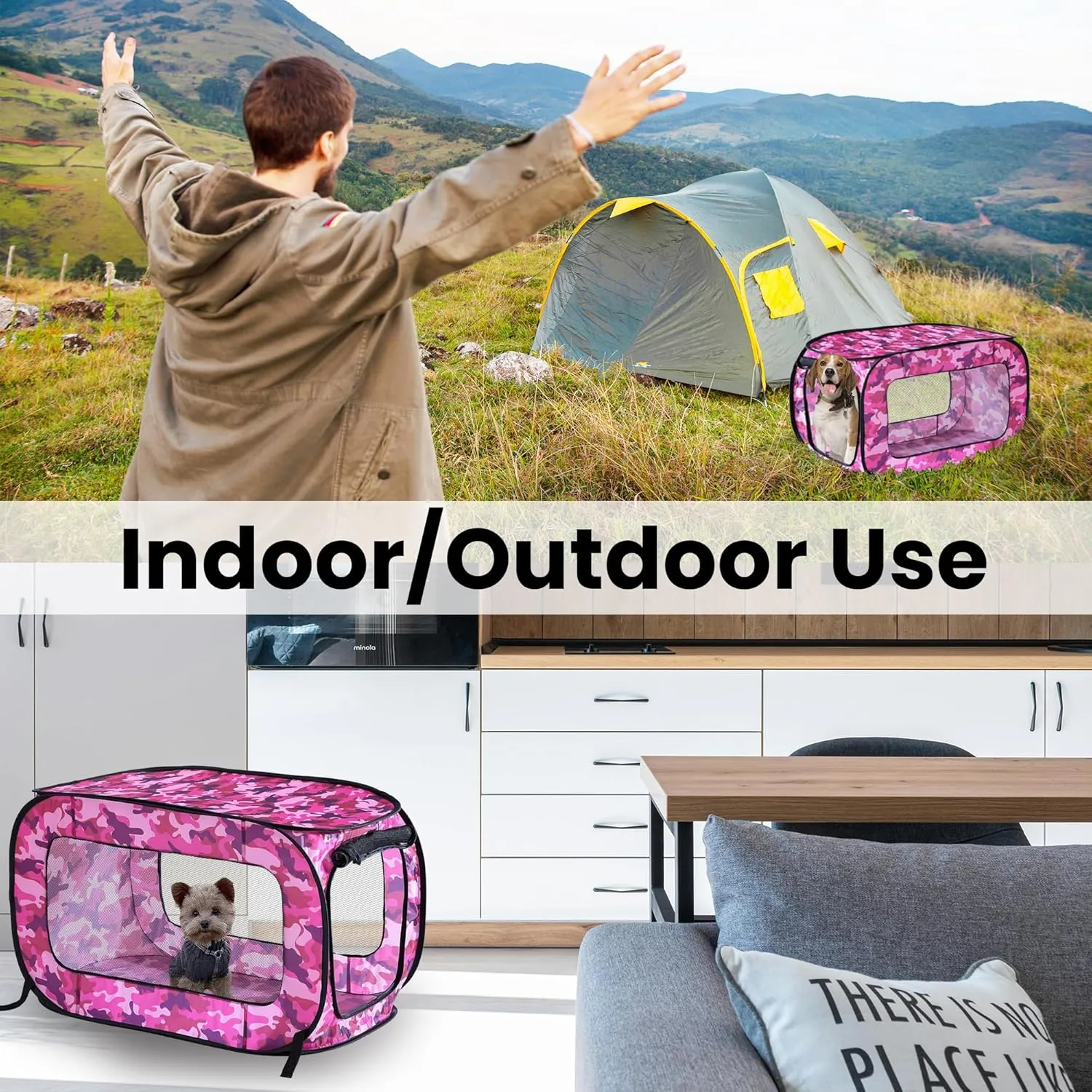 Beatrice Home Fashions Portable, Collapsible, Pop Up Kennel Travel Cat and Dog Crate, 40" L x 27" W x 27" H, Camo Pink