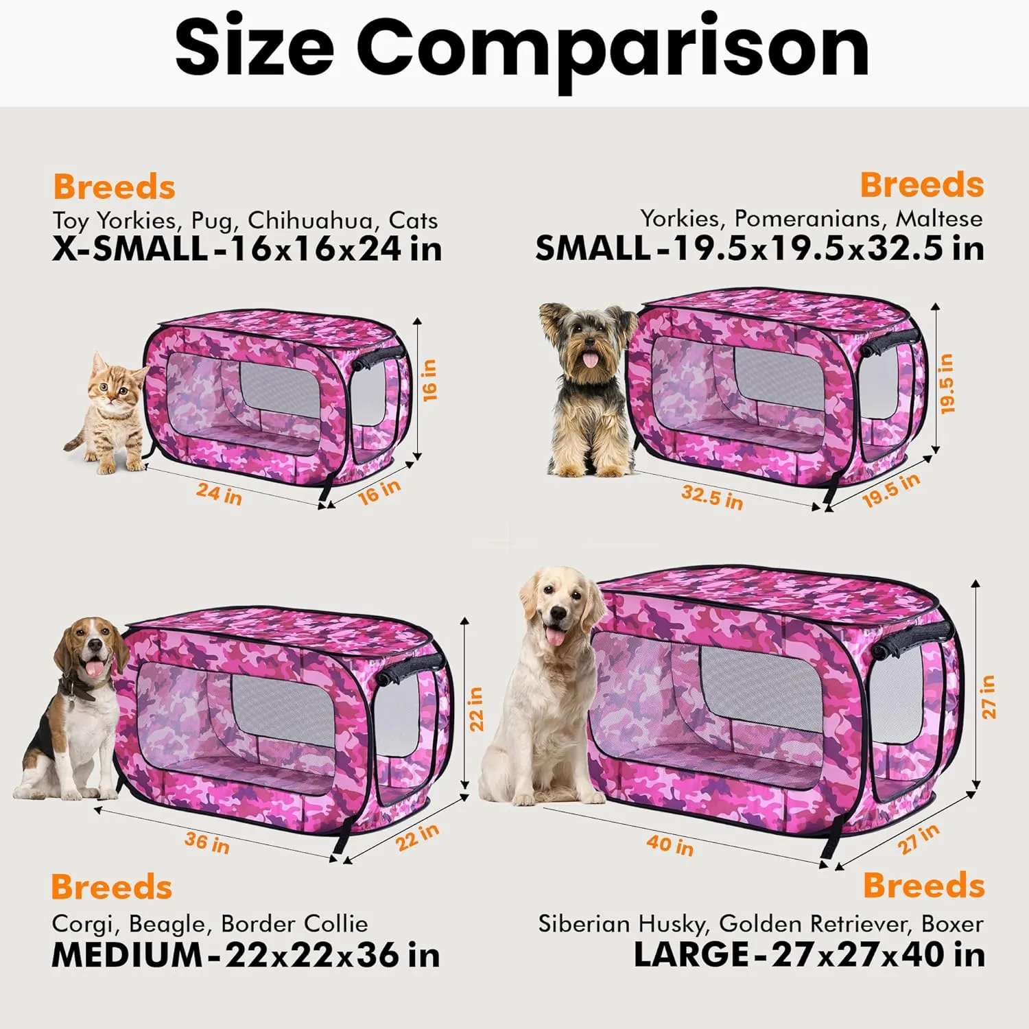 Beatrice Home Fashions Portable, Collapsible, Pop Up Kennel Travel Cat and Dog Crate, 40" L x 27" W x 27" H, Camo Pink
