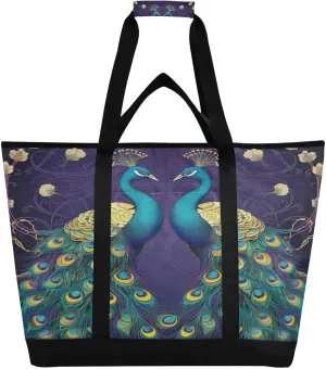 Beautiful Peacock Reusable Insulated Lunchbox Cooler Bag, Leakproof Kitchen Grocery Bag Collapsible Portable Cooler Tote Bag for Picnic, Camping, Office, Travel