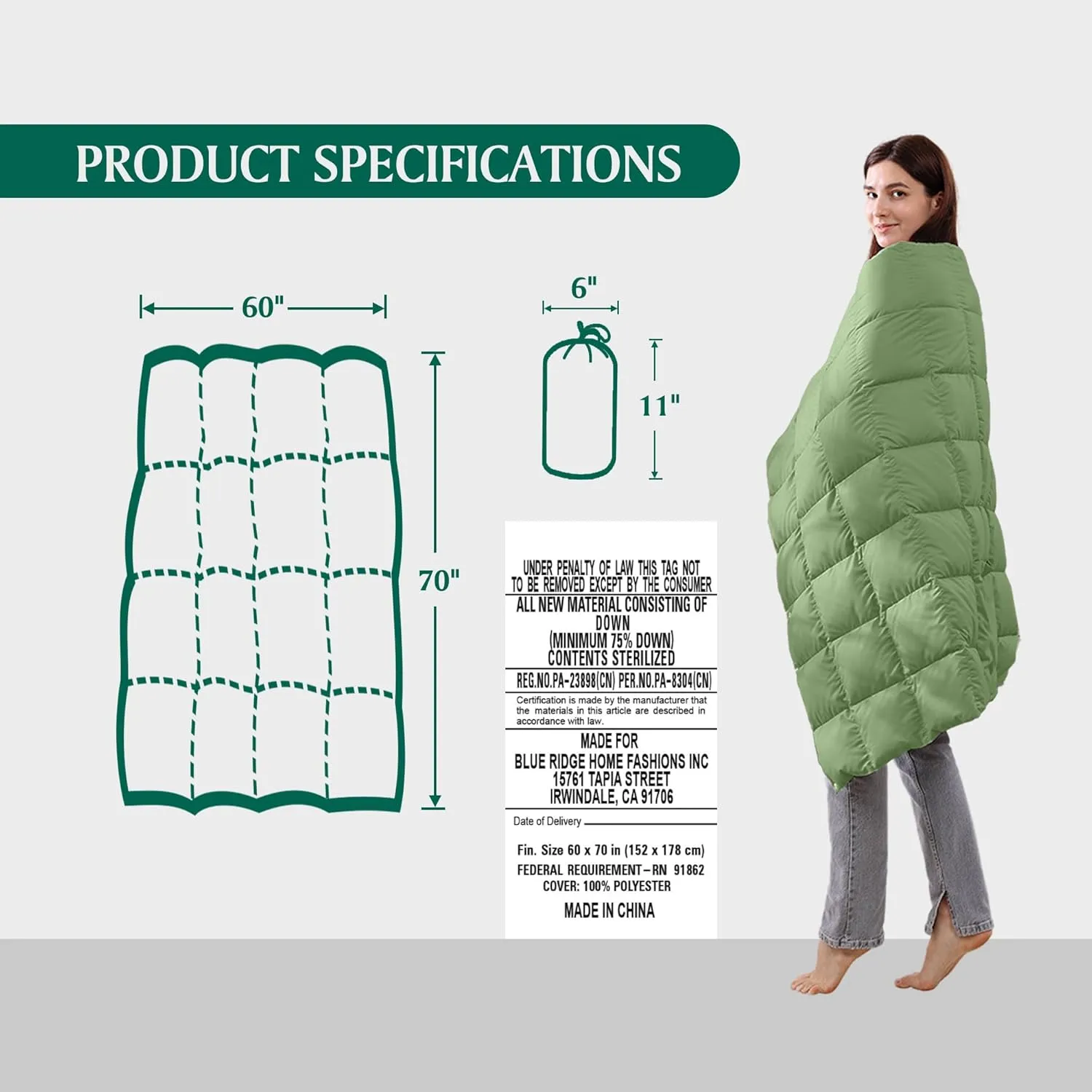 Beautyrest Packable Down Throw Blanket for Couch,Bed Comforter, Sofa Blanket Throw with Pouch | 650 Fill Power Soft Fuzzy Down Throw for Indoor and Outdoor, 60X70''