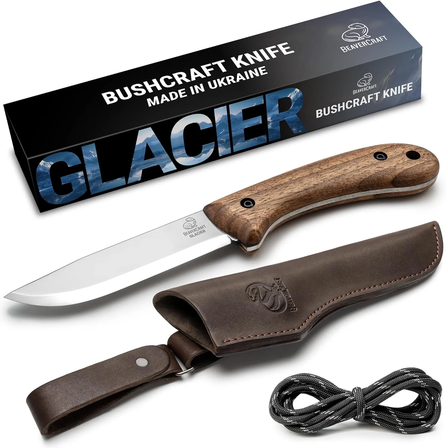 BeaverCraft Bushcraft Knife Full Tang Fixed Blade for Camping & Hiking – Bush Knife Carbon Steel Blade with Leather Sheath – Camp Outdoor Knives Scandi Grind BSH2 Glacier