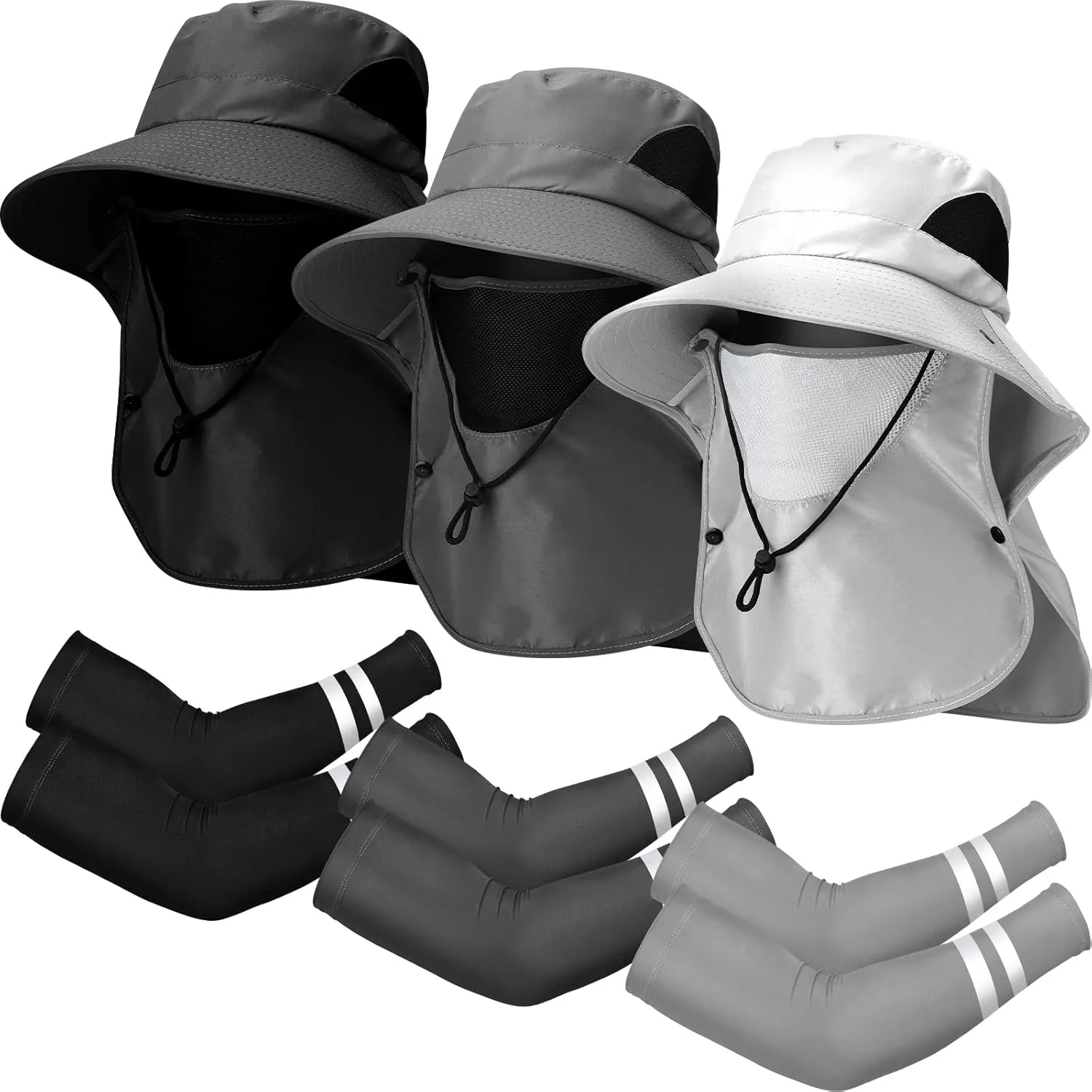 Berlune 6 Pcs Sun Hat Fishing Hats with Face Cover and Arm Sleeves Outdoor Hiking Hat UV Protection (Dark Gray, Black, Light Gray)