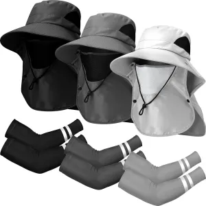 Berlune 6 Pcs Sun Hat Fishing Hats with Face Cover and Arm Sleeves Outdoor Hiking Hat UV Protection (Dark Gray, Black, Light Gray)