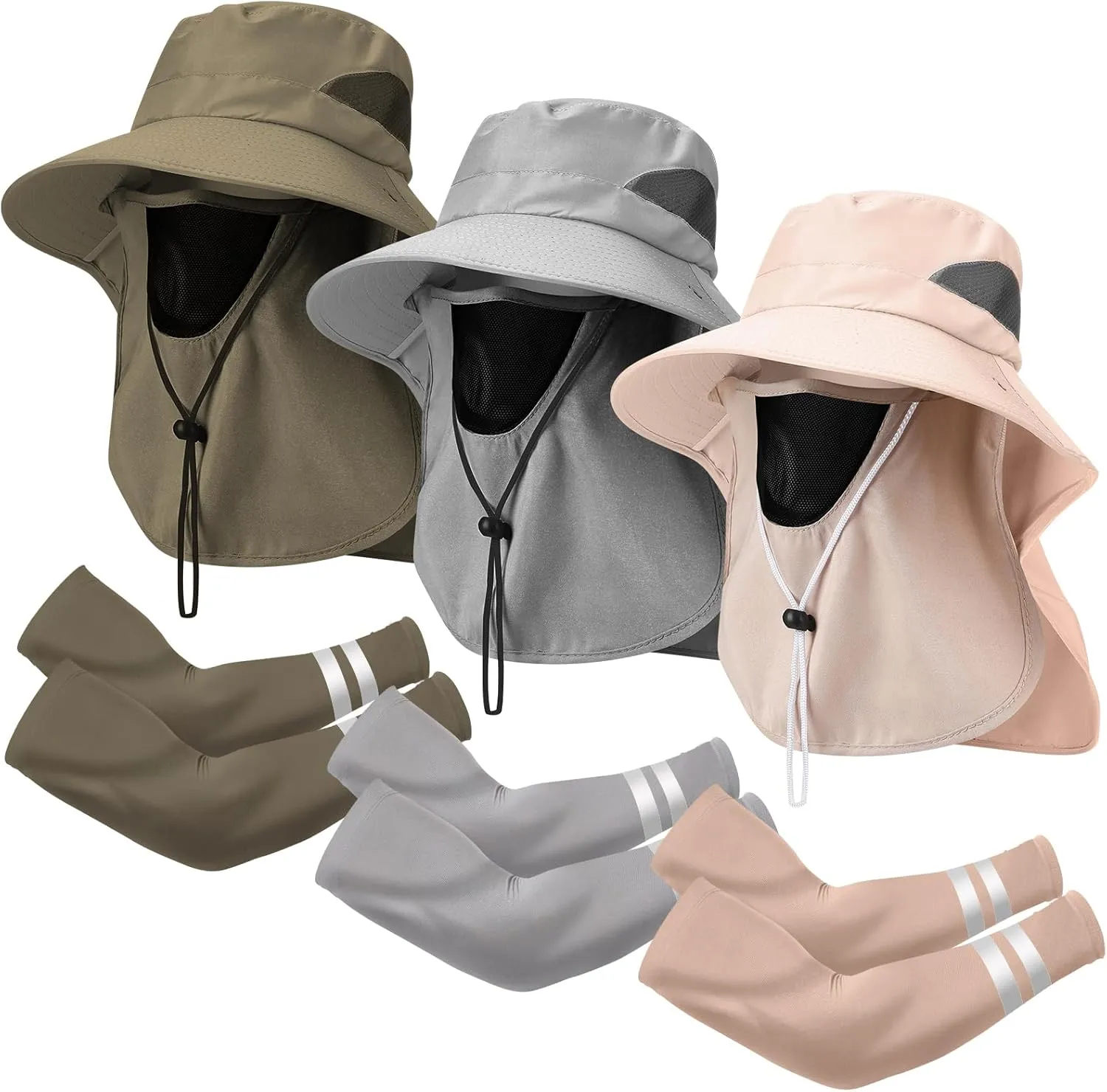 Berlune 6 Pcs Sun Hat Fishing Hats with Face Cover and Arm Sleeves Outdoor Hiking Hat UV Protection