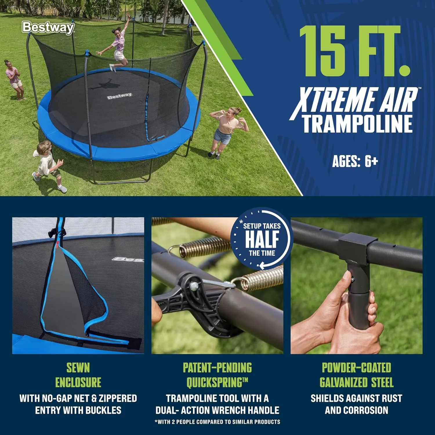 Bestway Xtreme Air 10FT 12FT 15FT Outdoor Trampoline for Kids and Adults, No-Gap Security Enclosure Net, Foam-Padded Poles, Fast & Easy Assembly, ASTM Approved, 2-Year Warranty