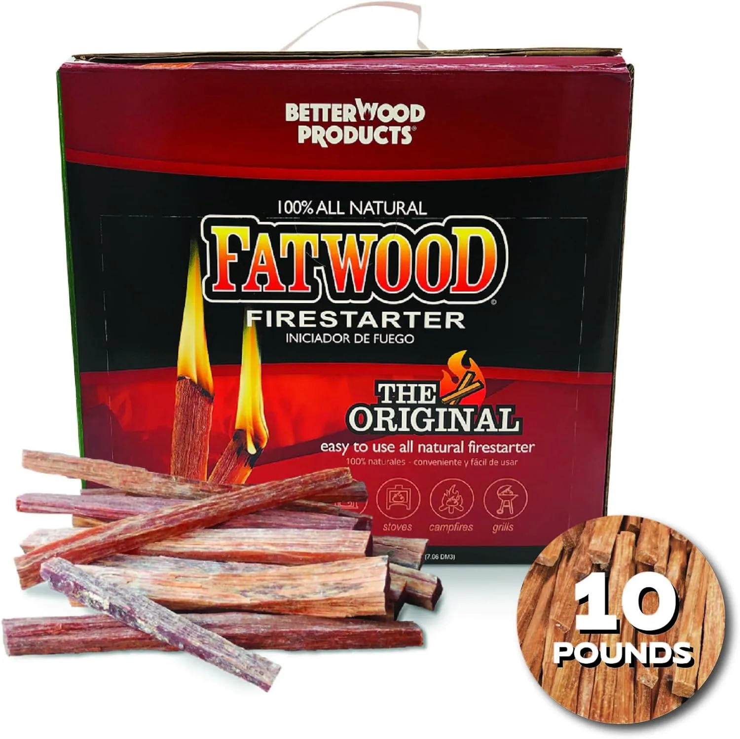 Betterwood 10 Pound Fatwood Natural Pine Firestarter 1 Pack for Campfire, BBQ, or Pellet Stove, Non Toxic and Water Repellent