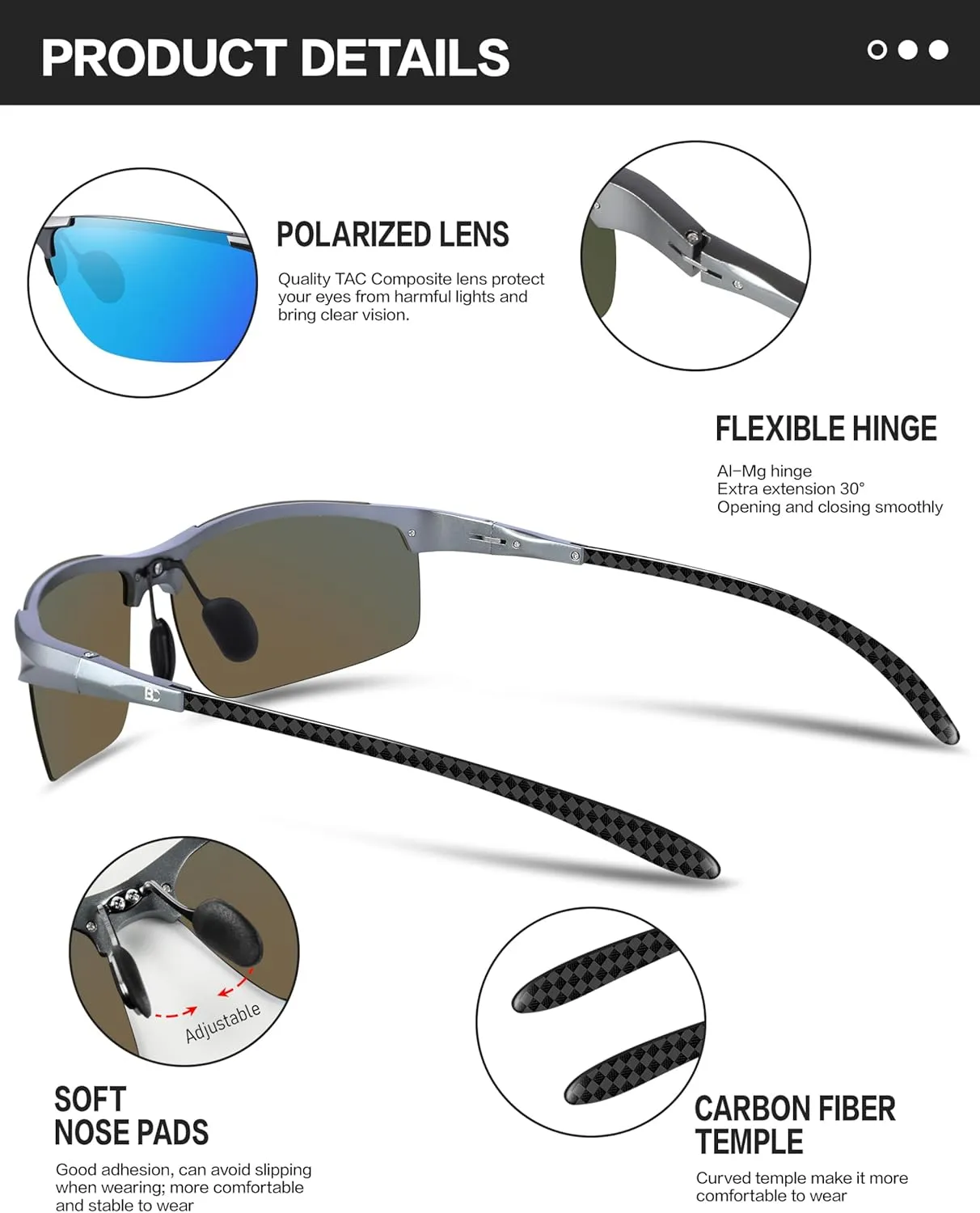 BIRCEN Polarized Carbon-Fiber Sunglasses for Men: Ultralight UV Protection Sun Glasses for Outdoor Sports Fishing Golf Hiking