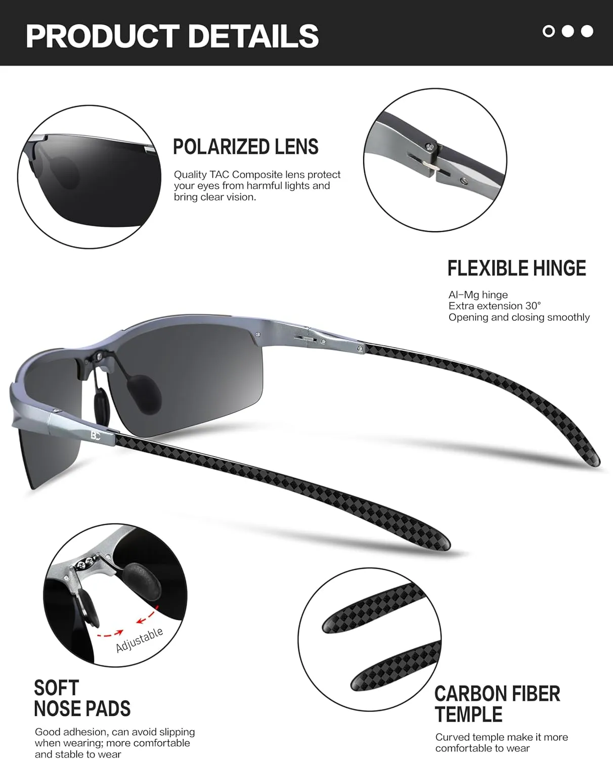 BIRCEN Polarized Carbon-Fiber Sunglasses for Men: Ultralight UV Protection Sun Glasses for Outdoor Sports Fishing Golf Hiking