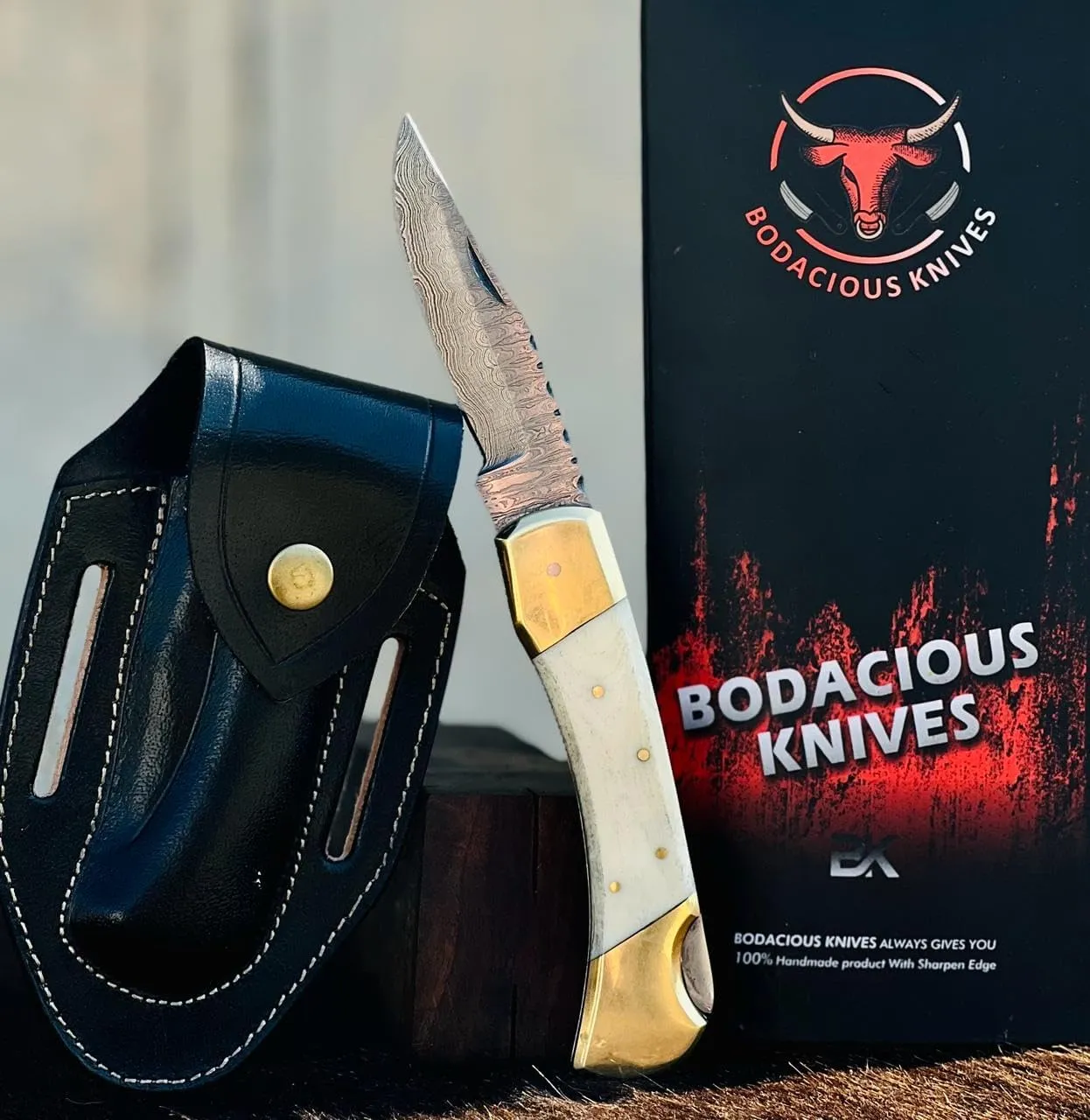 BK 110 Hunter Handmade Damascus Folding Knife With Sheath, 4-7/8" Wooden Handle, EDC for Camping and Outdoor Activities (White Bone)