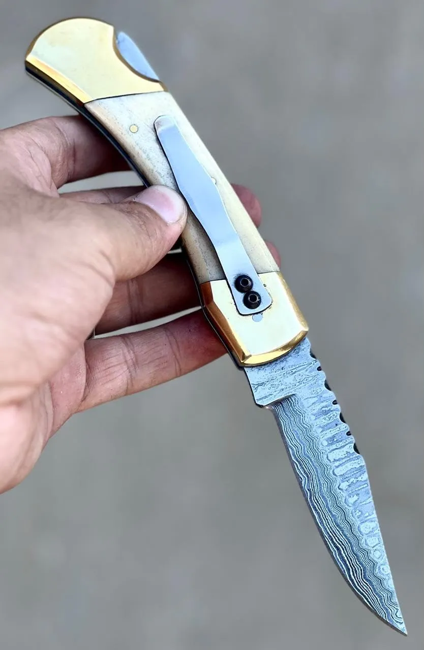 BK 110 Hunter Handmade Damascus Folding Knife With Sheath, 4-7/8" Wooden Handle, EDC for Camping and Outdoor Activities (White Bone)