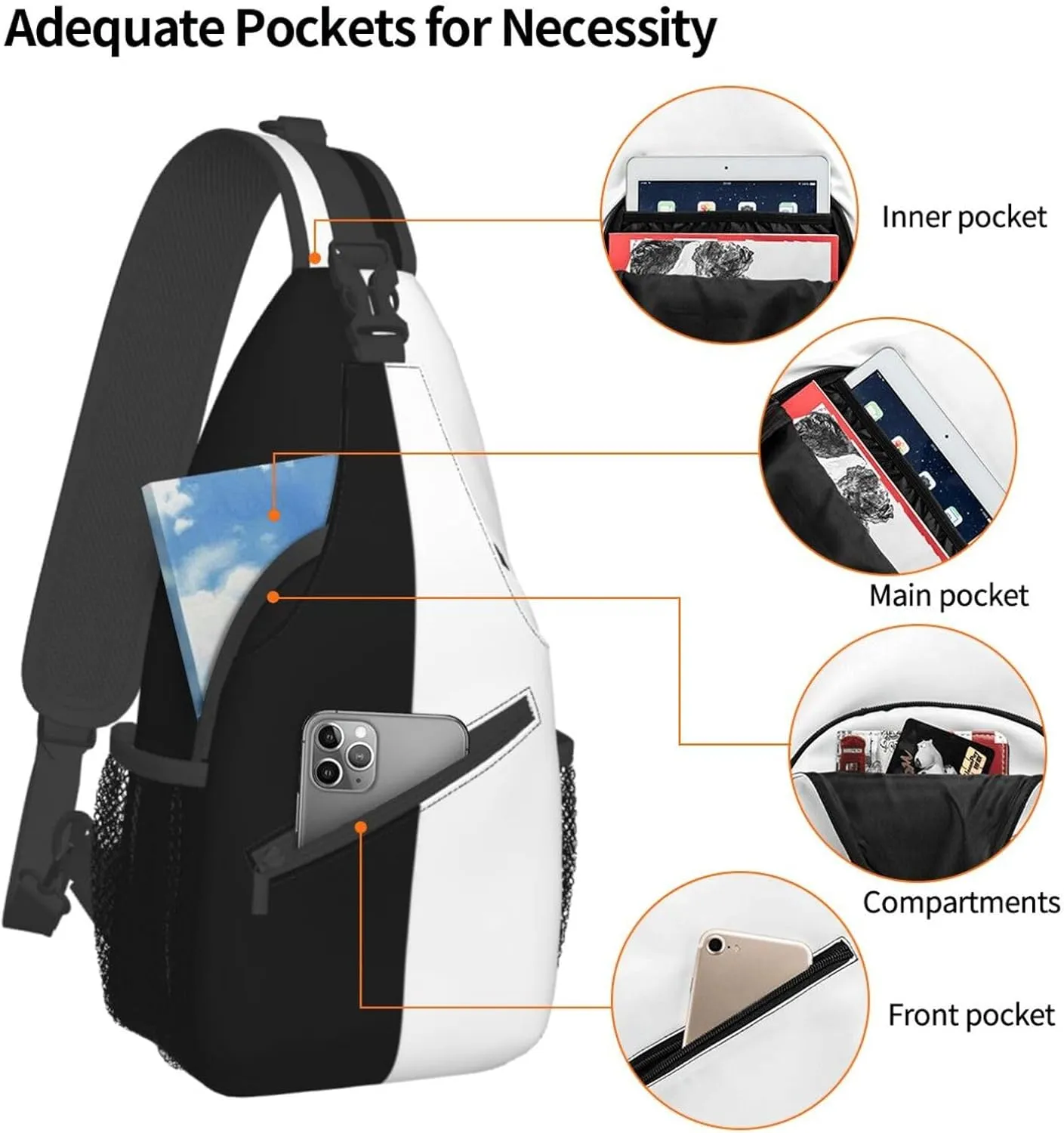Black and White Sling Bag, Funny Crossbody Backpack Shoulder Chest Bag for Women Men Travel Hiking Daypack