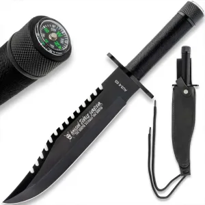Black Jungle Hunter® Survival Knife | 8 1/2" Stainless Steel Blade | Sawback Edge | Cord-Wrapped Handle With Survial Kit | Built-In Compass | Includes Leather Sheath
