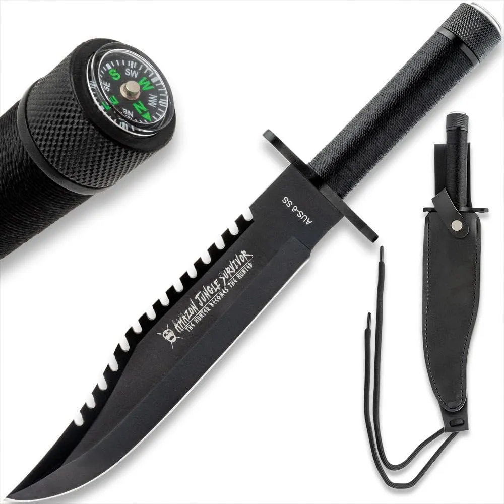 Black Jungle Hunter® Survival Knife | 8 1/2" Stainless Steel Blade | Sawback Edge | Cord-Wrapped Handle With Survial Kit | Built-In Compass | Includes Leather Sheath