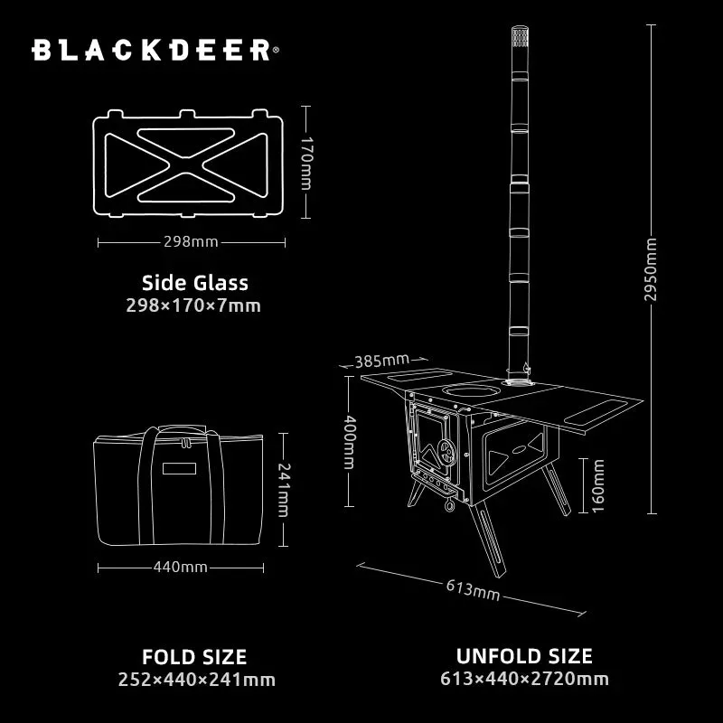 BLACKDEER Outdoor 304 Stainless Steel Tent Wood Stove with Pipes, Portable Camping Firewood Stove for Cooking 255mm