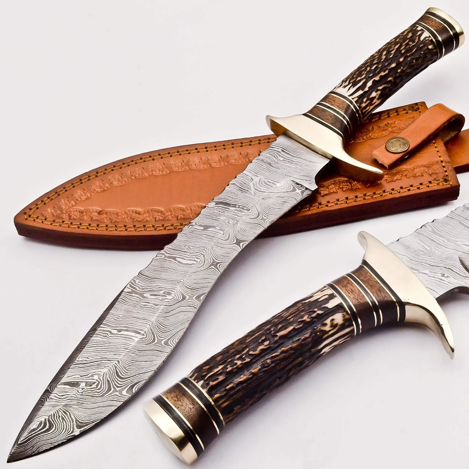 Blood Grooved Damascus Kukri Knife Outdoor Camping Knife with Stag Antler Handle and Free Genuine Leather Sheath (KM-7002)