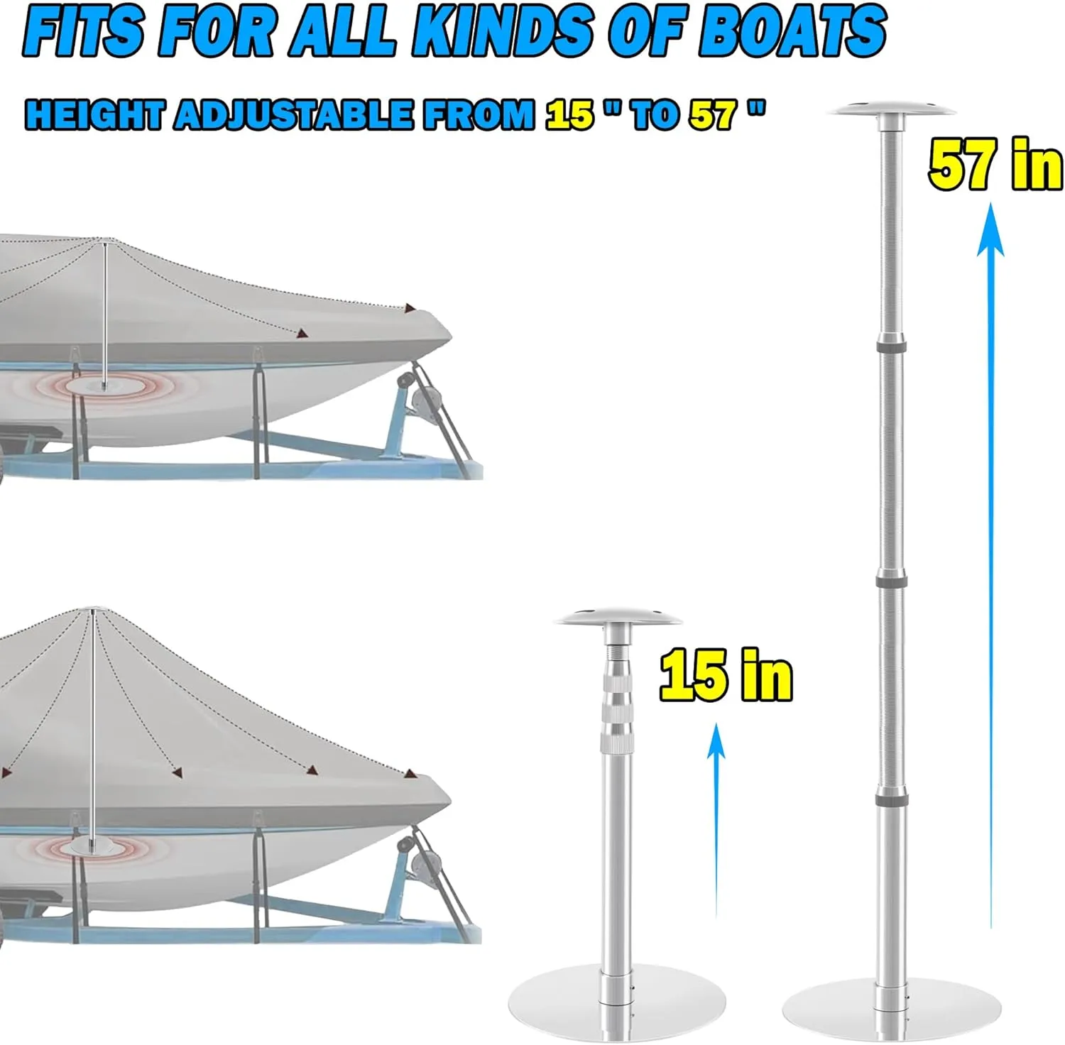 Boat Cover Support Poles 1 PK, Height Adjustable 316 Stainless Steel Boat Support Poles for Boat Cover Support, Support Systems with Stainless Steel Mushroom Cap and Base (1 Pack)