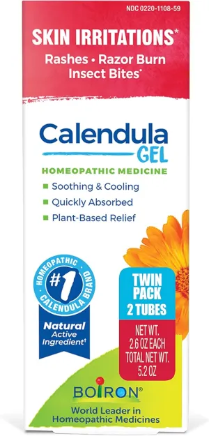 Boiron Calendula Gel for Relief from Rashes, Razor Burn, or Insect Bites - Non-Greasy and Fragrance-Free - 5.2 oz (2 Pack of 2.6 oz)