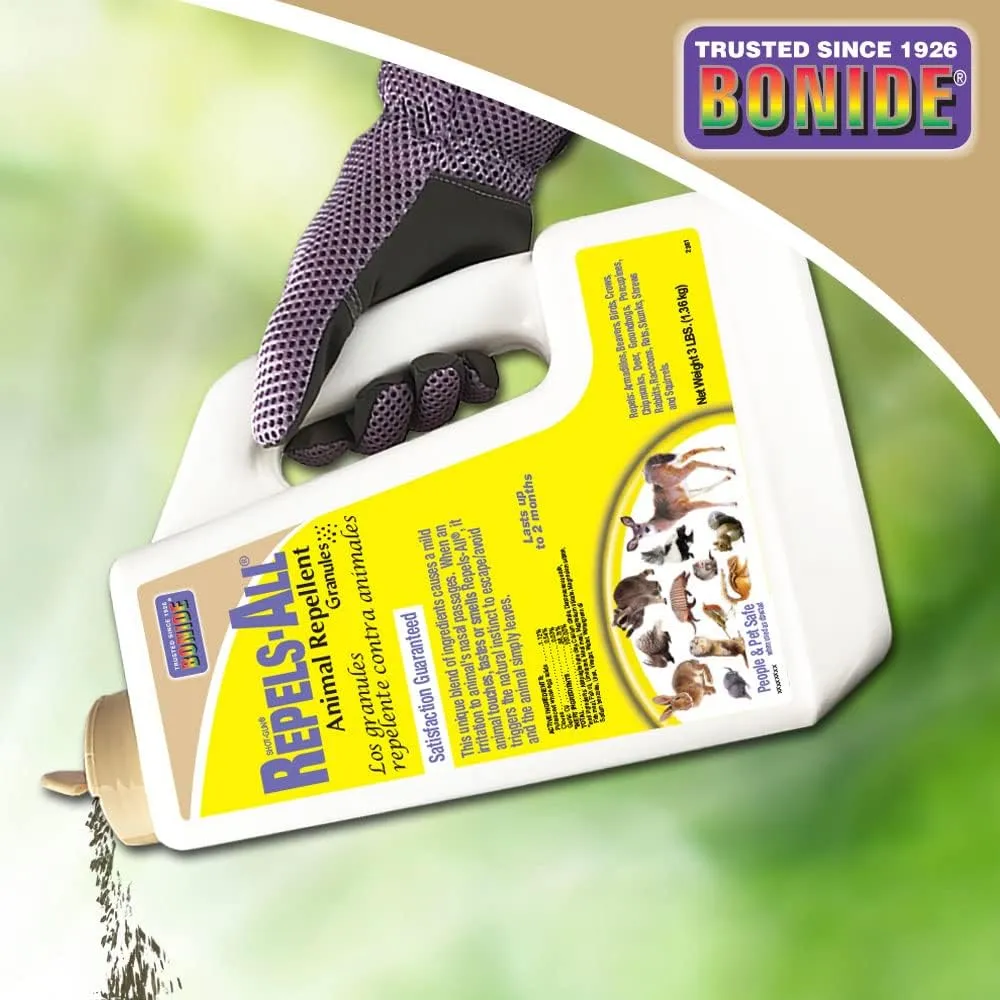 Bonide Repels-All Animal Repellent Granules, 3 lbs. Ready-to-Use Deer & Rabbit Repellent, Deter Pests from Lawn & Garden