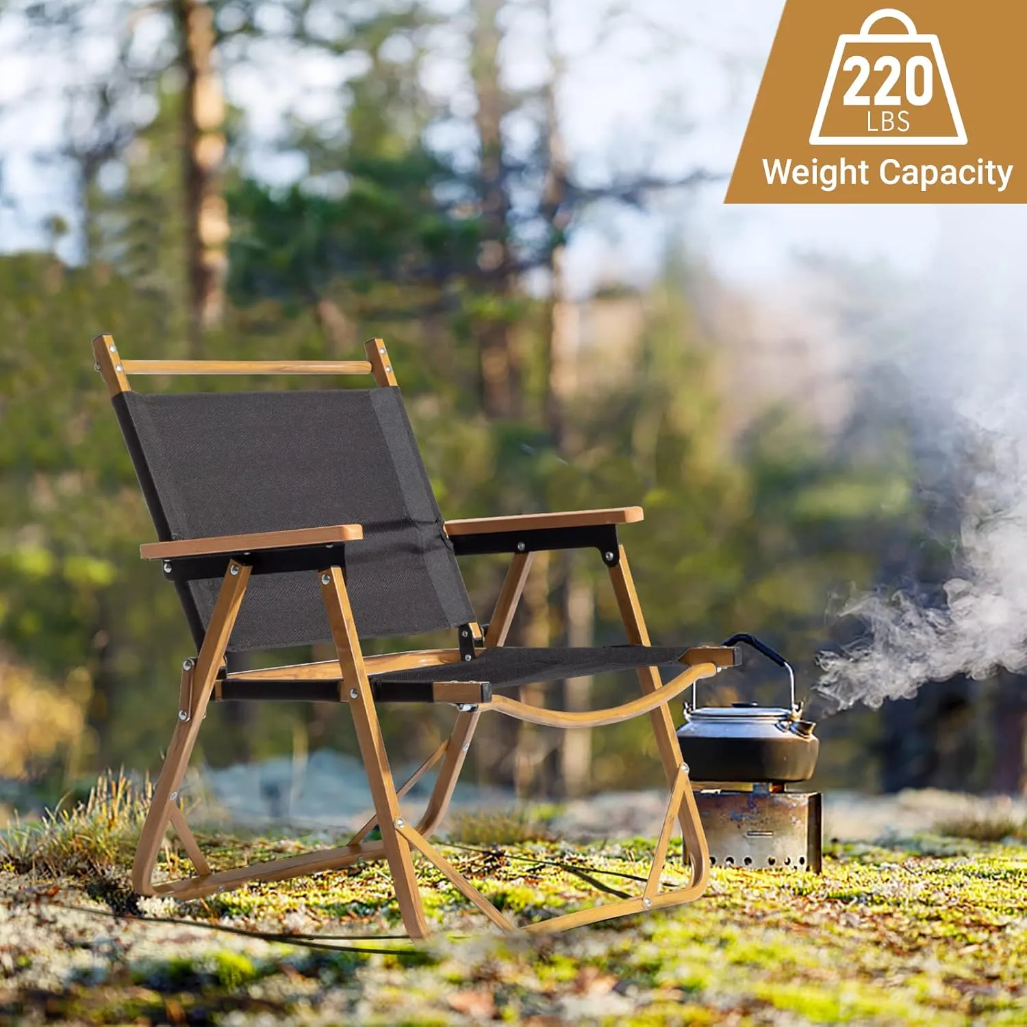 Bonnlo 11.2" Lightweight Folding Camping Chair – Portable Aluminum Frame with Wood Grain Finish,Ultra-Light Under 5lbs, Supports 220 lbs for Outdoor, Camping & Fishing Black