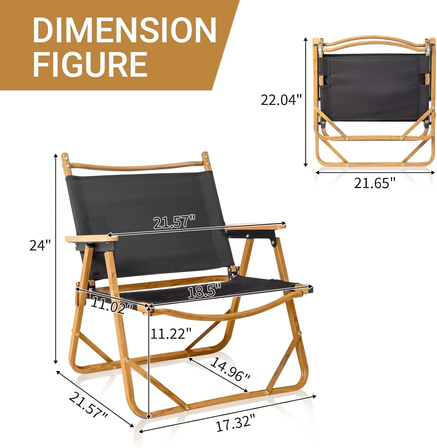 Bonnlo 11.2" Lightweight Folding Camping Chair – Portable Aluminum Frame with Wood Grain Finish,Ultra-Light Under 5lbs, Supports 220 lbs for Outdoor, Camping & Fishing Black
