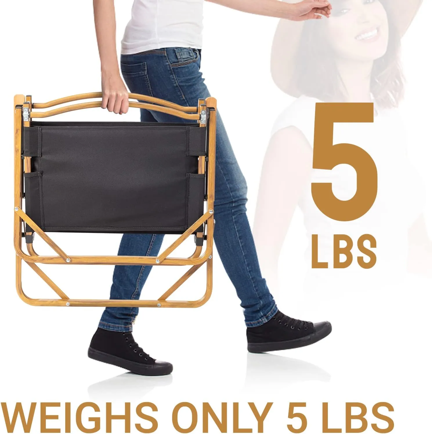 Bonnlo 11.2" Lightweight Folding Camping Chair – Portable Aluminum Frame with Wood Grain Finish,Ultra-Light Under 5lbs, Supports 220 lbs for Outdoor, Camping & Fishing Black