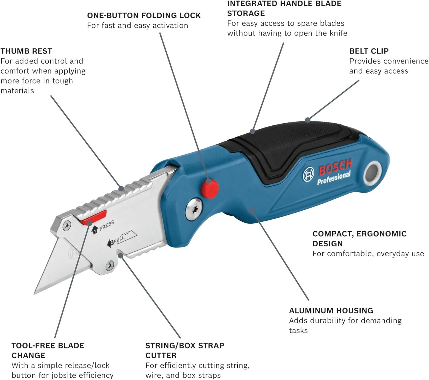 Bosch H11-14100-1 2-Piece Utility Knife Set | Folding and Snap-Off Knives with Robust Design, Integrated Blade Storage, and Belt Clip - Includes 4 Blades